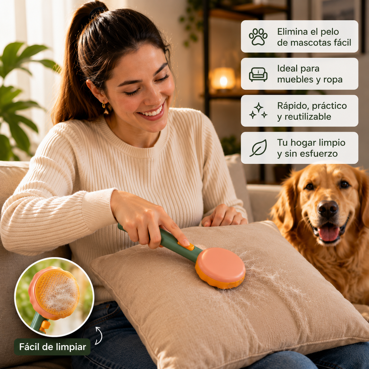 Cepillo Para Mascotas: Elimina pelo de mascotas fácilmente.